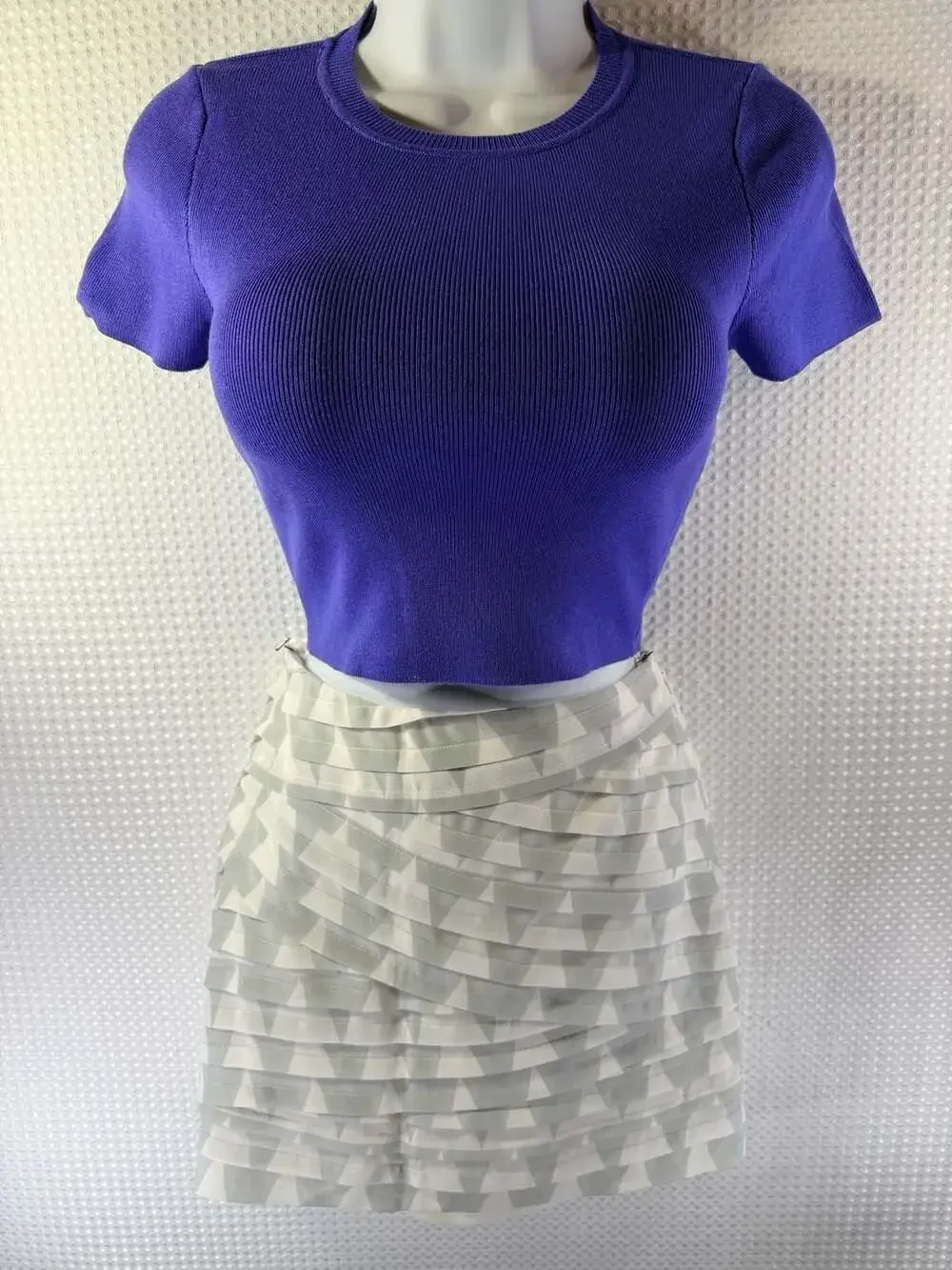 Armani Exchange  Light-Gray and White Geometric Pattern Layered Mini Skirt